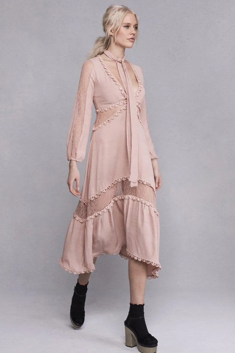 V-Neck Pink Long-Sleeve Patchwork Lace Boho Party Dress