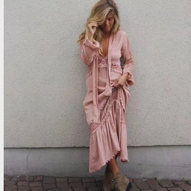 V-Neck Pink Long-Sleeve Patchwork Lace Boho Party Dress