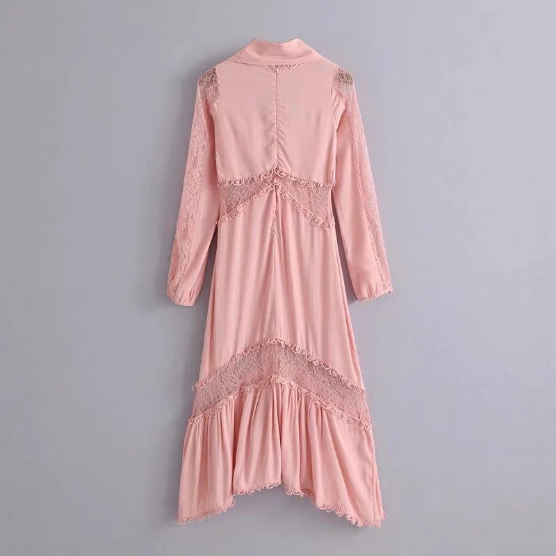 V-Neck Pink Long-Sleeve Patchwork Lace Boho Party Dress