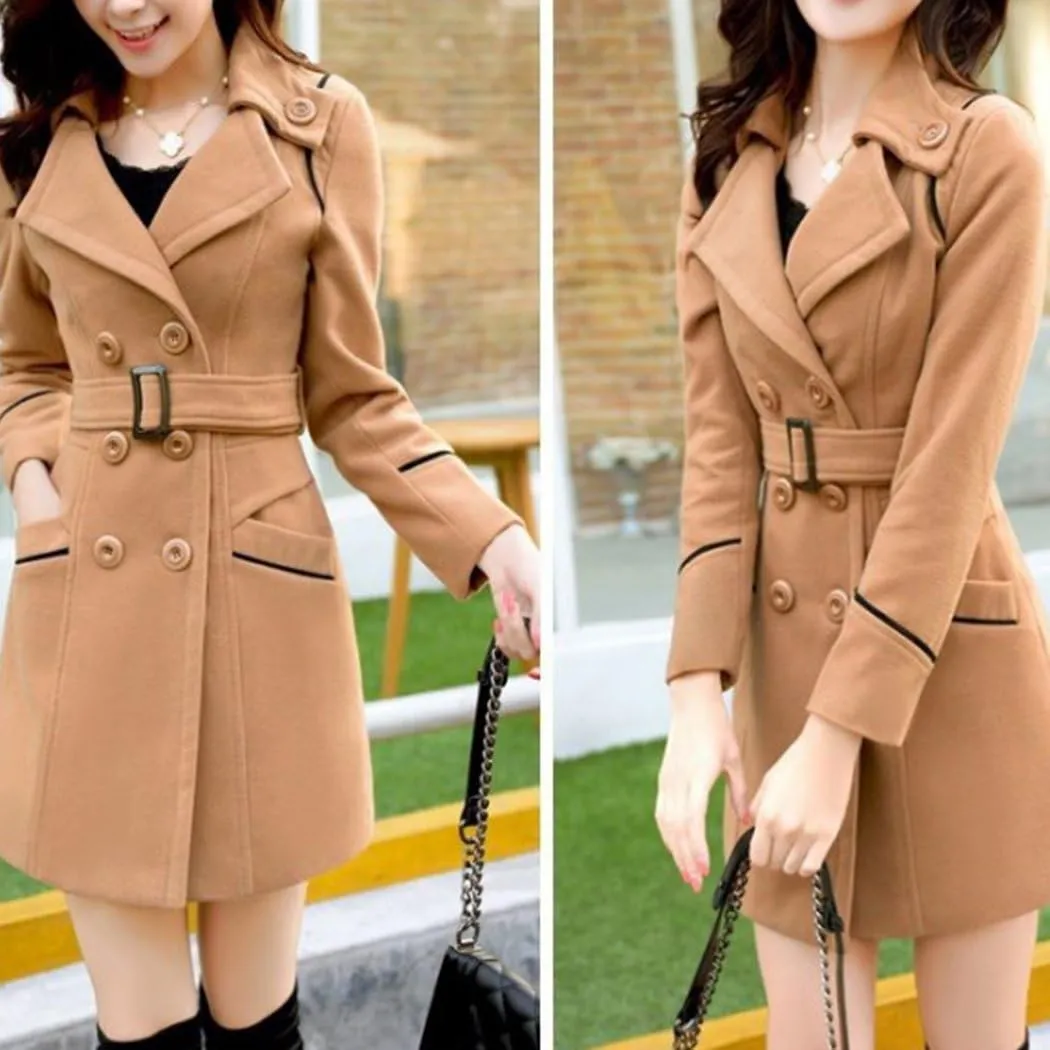 watersouprty Women's Winter Lapel Slim Wool Blend Pea Coats Long Trench Jacket