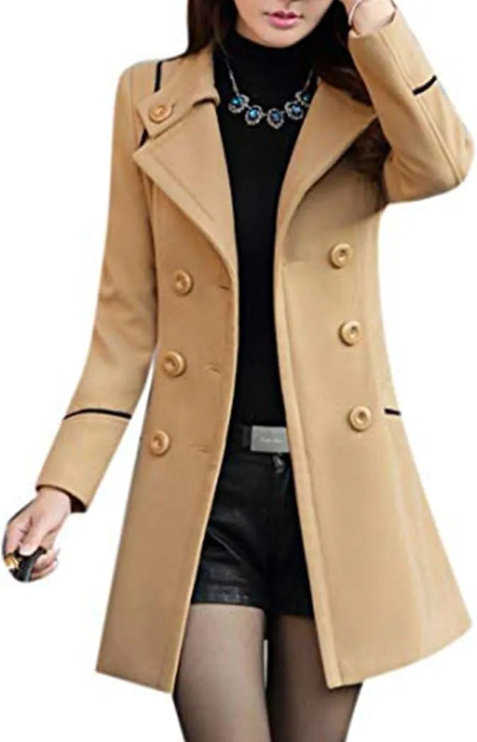 watersouprty Women's Winter Lapel Slim Wool Blend Pea Coats Long Trench Jacket