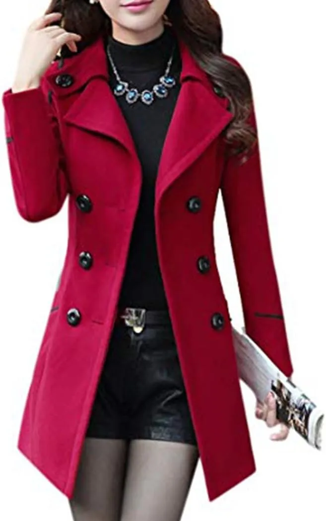 watersouprty Women's Winter Lapel Slim Wool Blend Pea Coats Long Trench Jacket