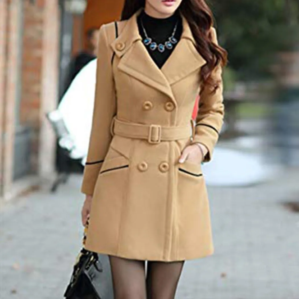 watersouprty Women's Winter Lapel Slim Wool Blend Pea Coats Long Trench Jacket
