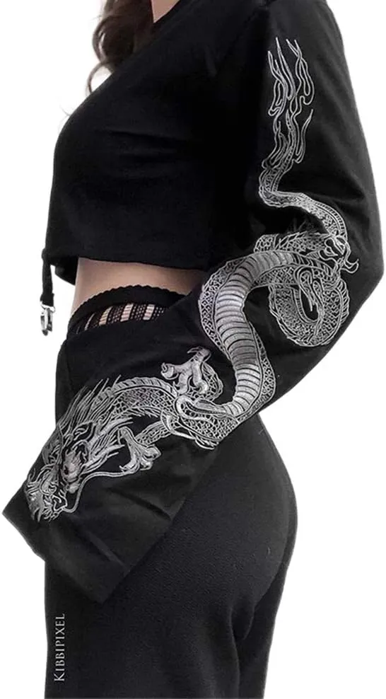Women Wide Sleeve Crop Sweatshirt Dragon Top Loose Fit Casual Sports Gym Pullover Crop Top