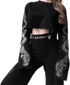 Women Wide Sleeve Crop Sweatshirt Dragon Top Loose Fit Casual Sports Gym Pullover Crop Top