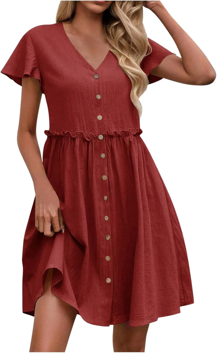 Womens 2025 Midi Dress V Neck Beach Wedding Guest Linen Dress Lightweight Breathable Solid Color Summer Outing Dress