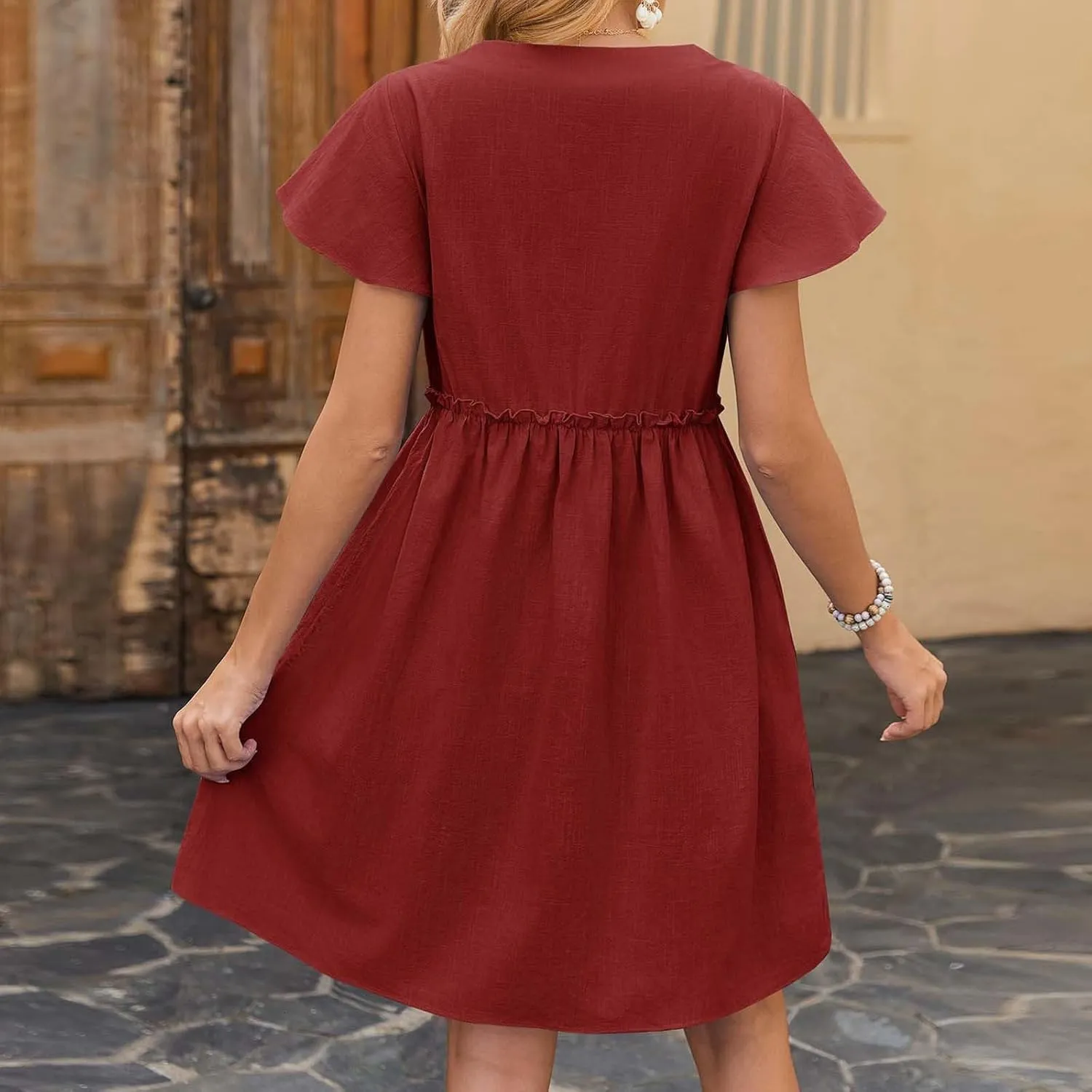Womens 2025 Midi Dress V Neck Beach Wedding Guest Linen Dress Lightweight Breathable Solid Color Summer Outing Dress