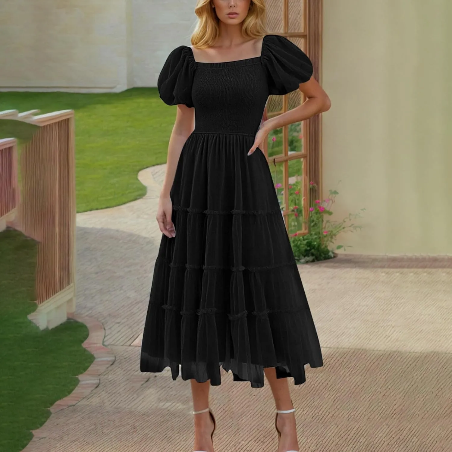 Women's 2025 Summer Casual Boho Dress Waist Slimming Flowy Ruffle Lightweight Skirt Beach Maxi Dresses Spring Dress