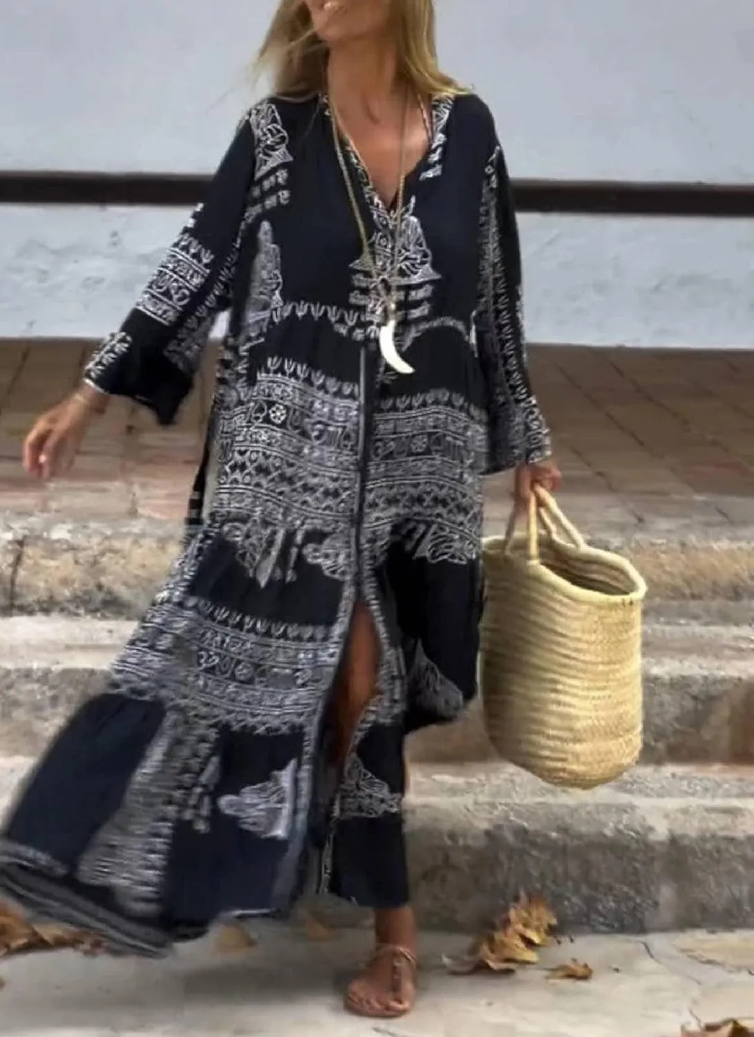Womens 2025 Summer Maxi Dress V Neck Long Bell Sleeve Chic Floral Print Shift Casual Beach Vacation Dresses