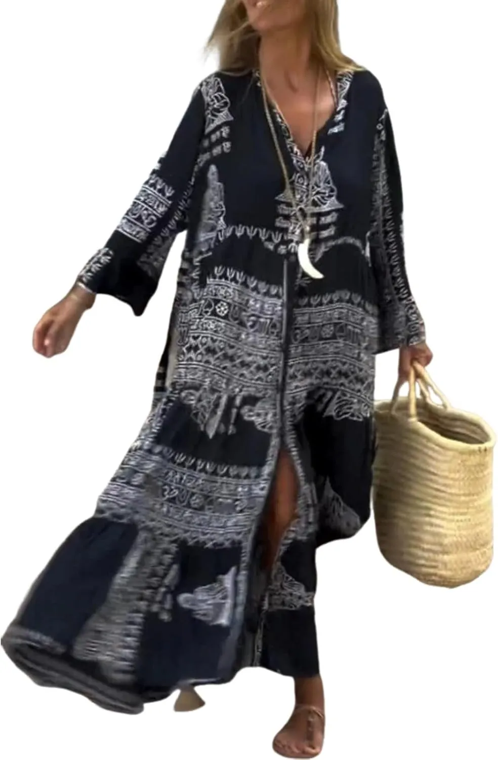 Womens 2025 Summer Maxi Dress V Neck Long Bell Sleeve Chic Floral Print Shift Casual Beach Vacation Dresses