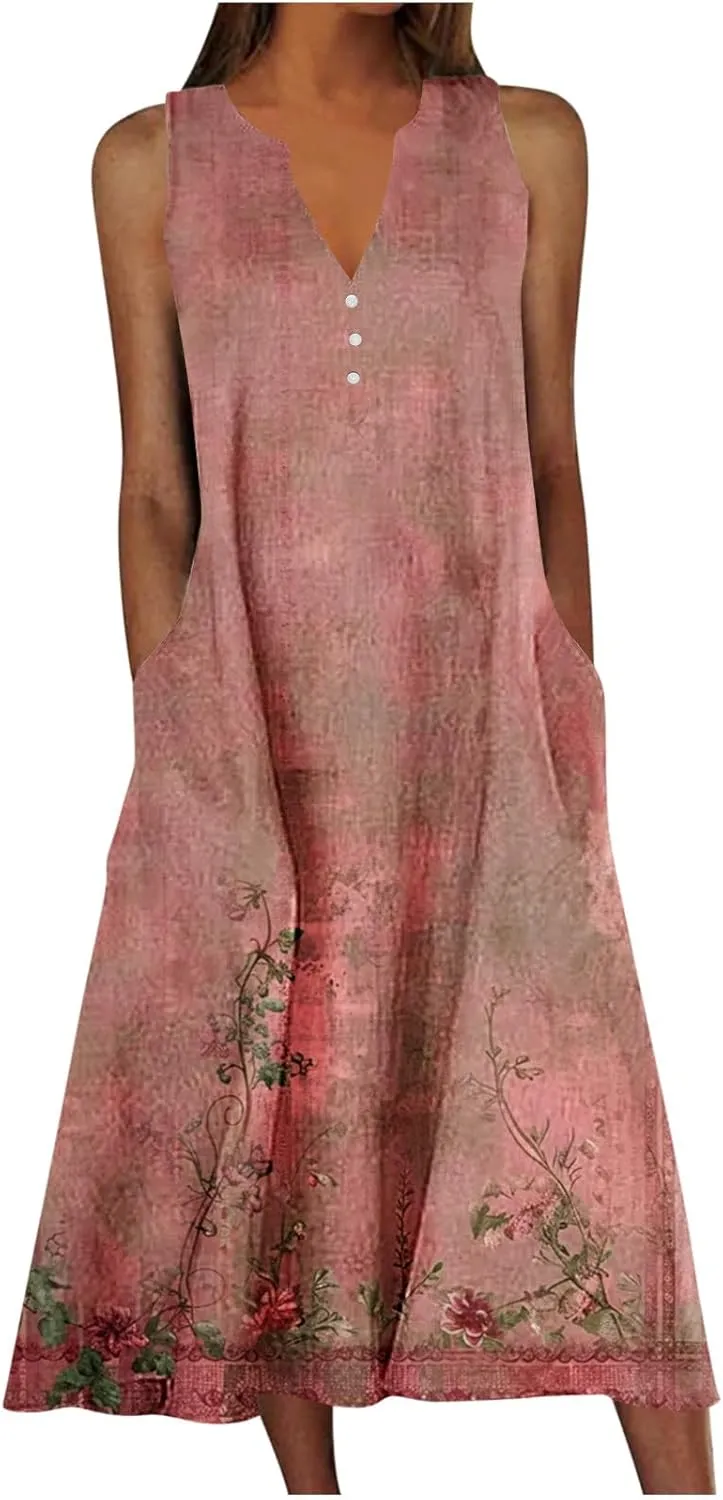 Womens Boho Floral Elegant V Dress Beach Wedding Guest Sundresses Comfortable Soft Dress Long Flowy Trendy Dresses