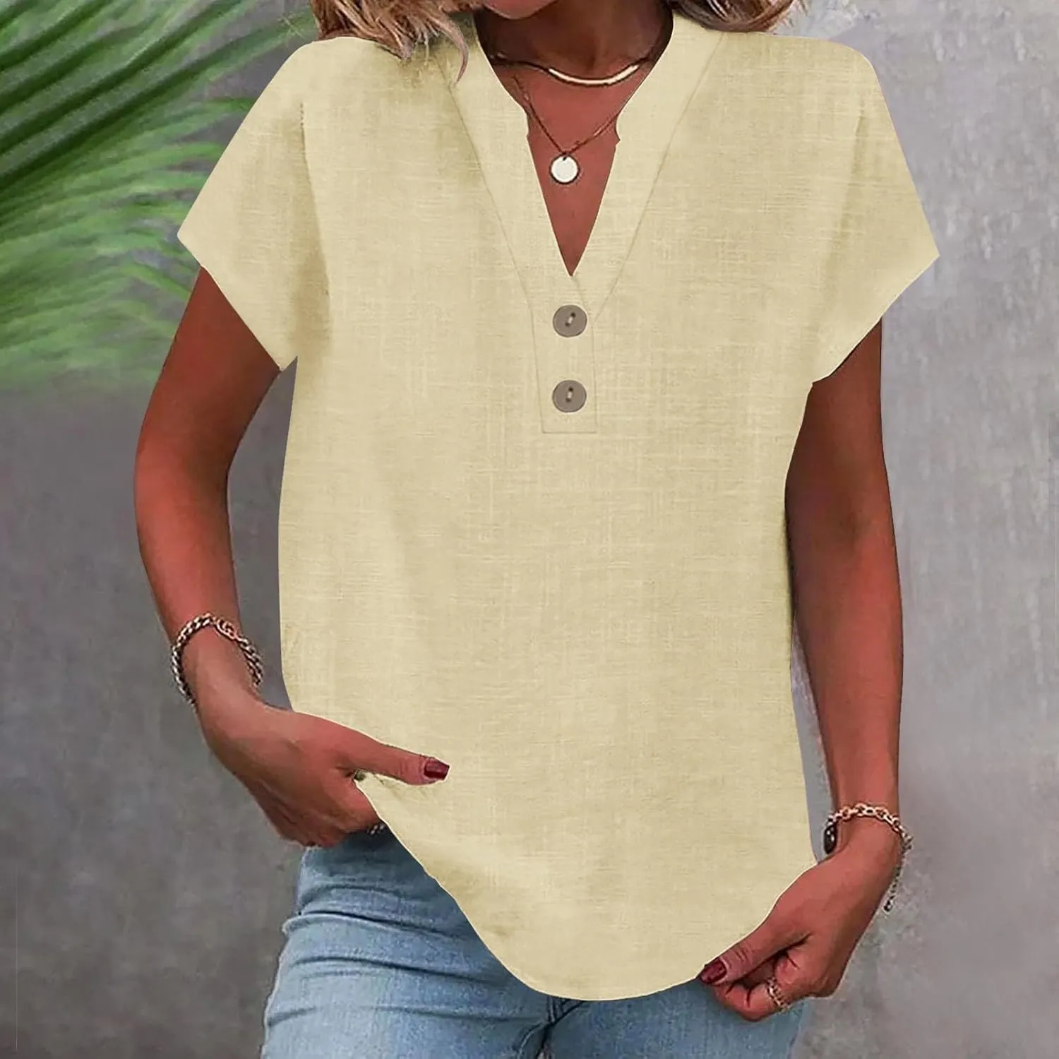 Women's Button Down Linen Shirt Short Sleeve V-Neck Tee Solid Color Casual Blouse Lightweight and Breathable Tops