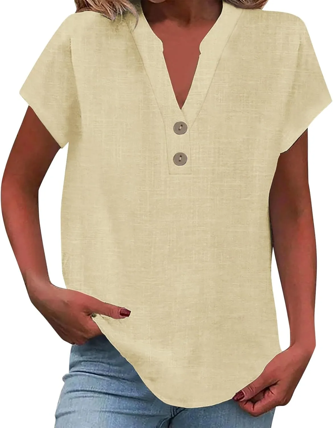 Women's Button Down Linen Shirt Short Sleeve V-Neck Tee Solid Color Casual Blouse Lightweight and Breathable Tops