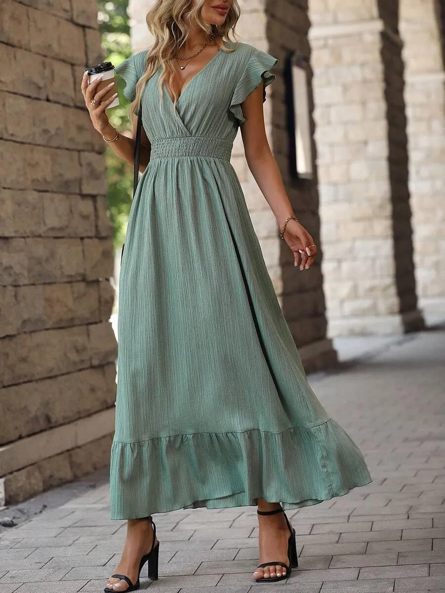 Women's Casual Dress V Neck Wrap Dress Short Ruffle Sleeve Flowy Maxi Dress High Waist