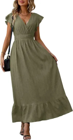 Women's Casual Dress V Neck Wrap Dress Short Ruffle Sleeve Flowy Maxi Dress High Waist