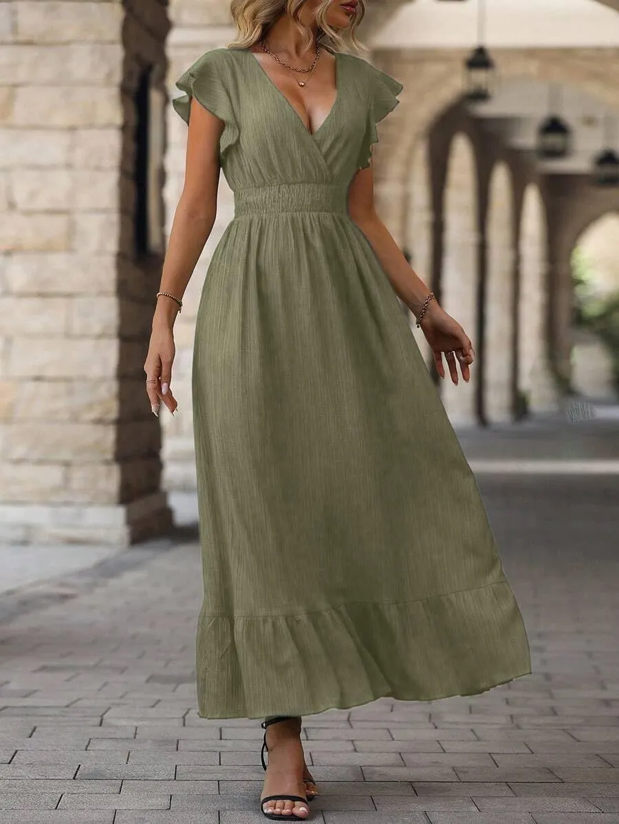 Women's Casual Dress V Neck Wrap Dress Short Ruffle Sleeve Flowy Maxi Dress High Waist