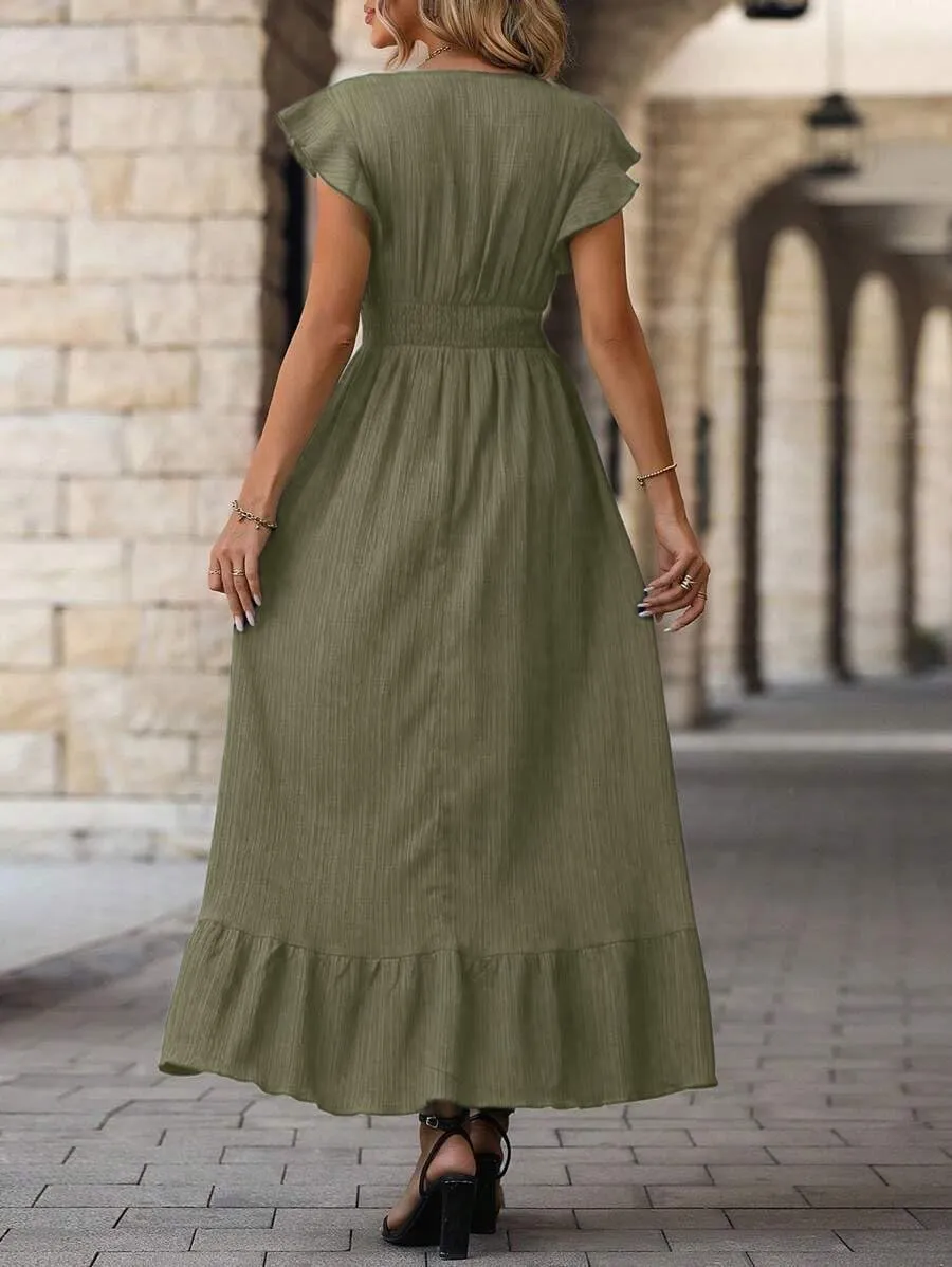 Women's Casual Dress V Neck Wrap Dress Short Ruffle Sleeve Flowy Maxi Dress High Waist