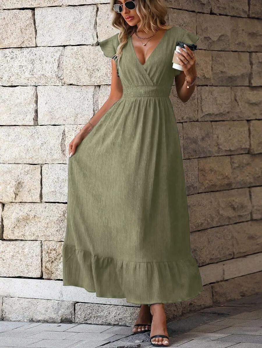 Women's Casual Dress V Neck Wrap Dress Short Ruffle Sleeve Flowy Maxi Dress High Waist