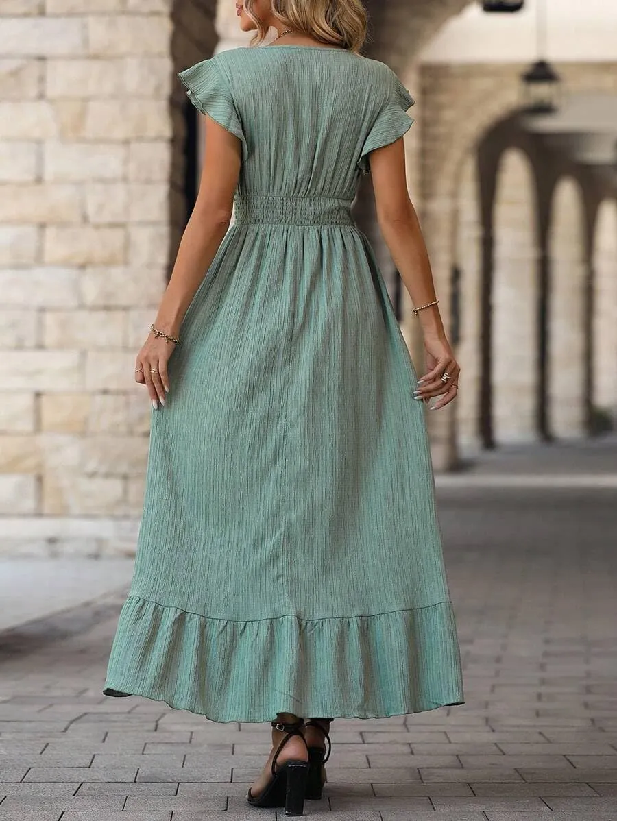 Women's Casual Dress V Neck Wrap Dress Short Ruffle Sleeve Flowy Maxi Dress High Waist