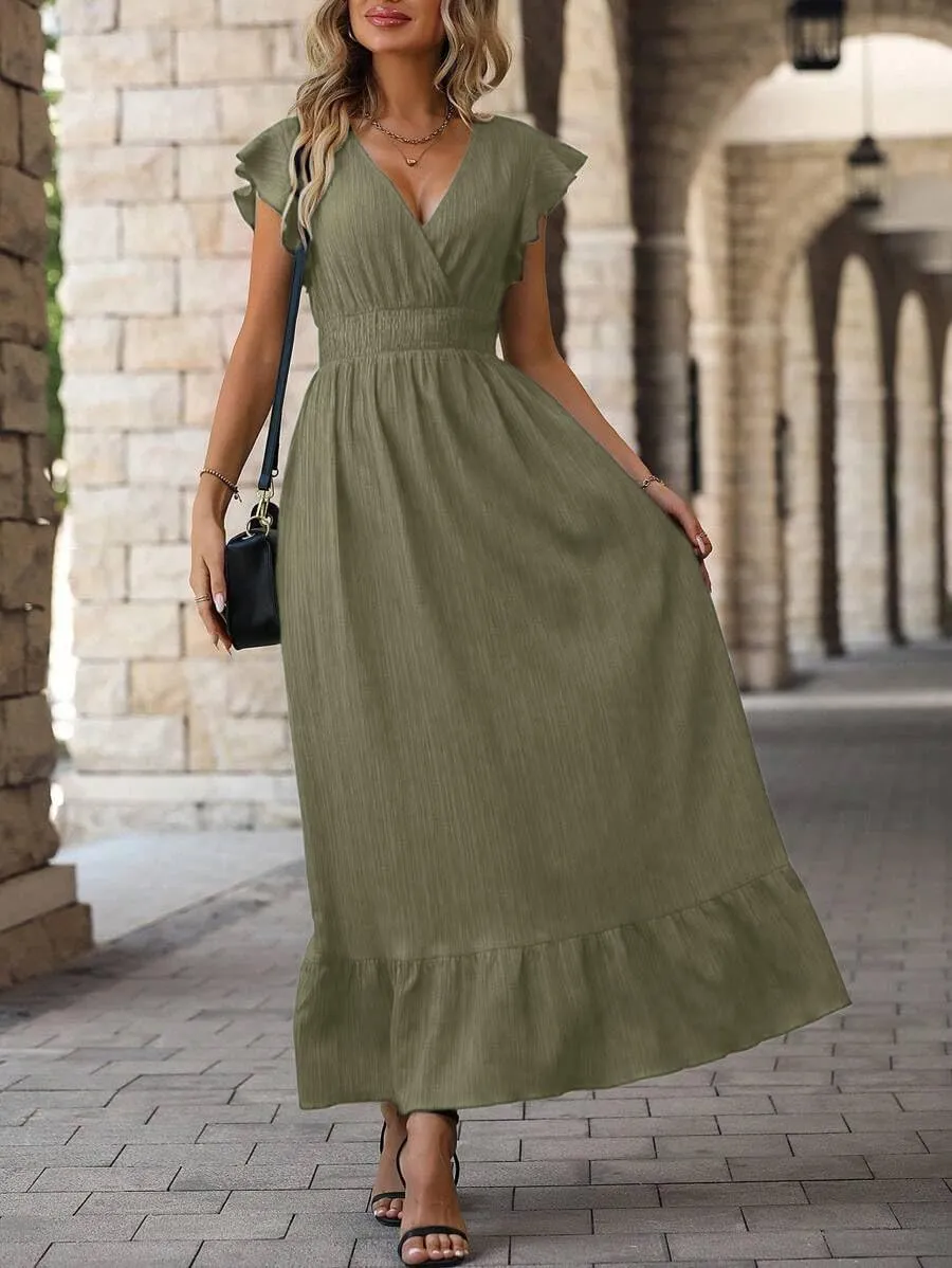 Women's Casual Dress V Neck Wrap Dress Short Ruffle Sleeve Flowy Maxi Dress High Waist