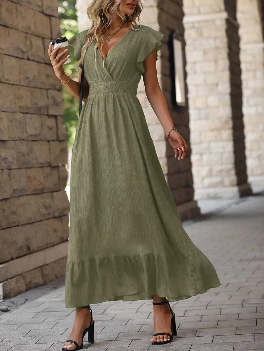Women's Casual Dress V Neck Wrap Dress Short Ruffle Sleeve Flowy Maxi Dress High Waist