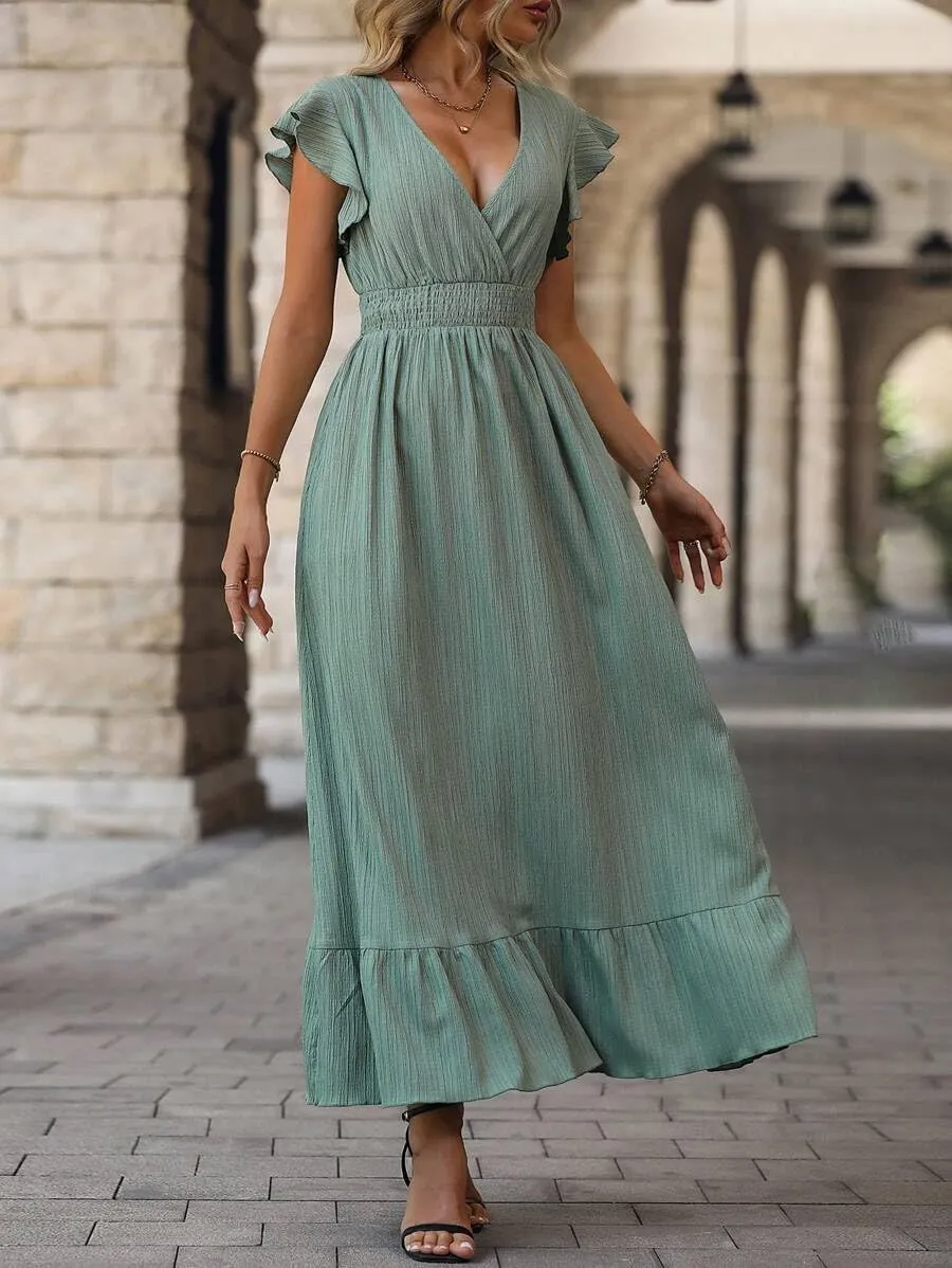 Women's Casual Dress V Neck Wrap Dress Short Ruffle Sleeve Flowy Maxi Dress High Waist