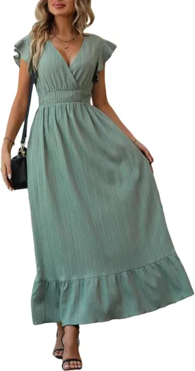 Women's Casual Dress V Neck Wrap Dress Short Ruffle Sleeve Flowy Maxi Dress High Waist