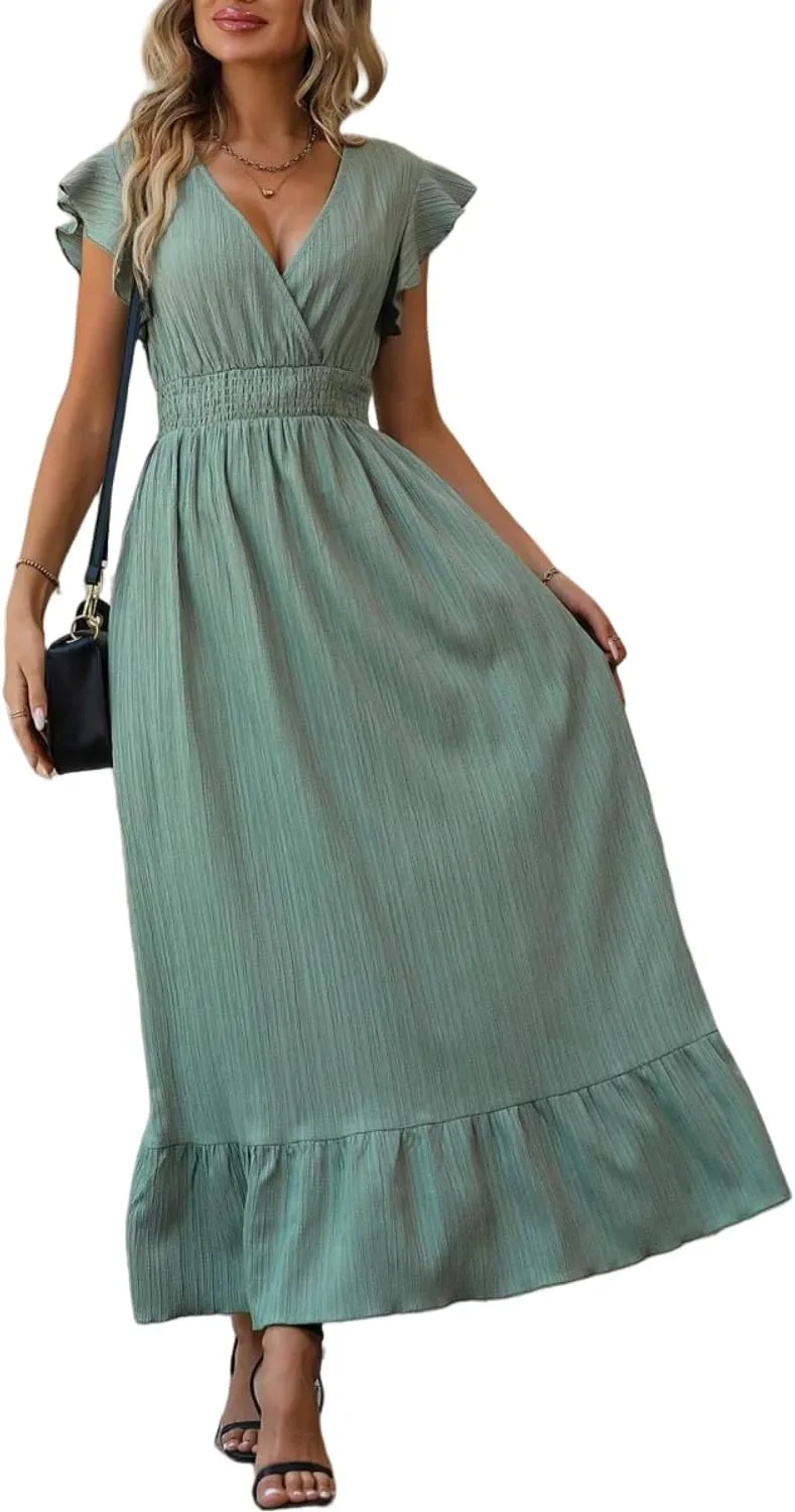 Women's Casual Dress V Neck Wrap Dress Short Ruffle Sleeve Flowy Maxi Dress High Waist