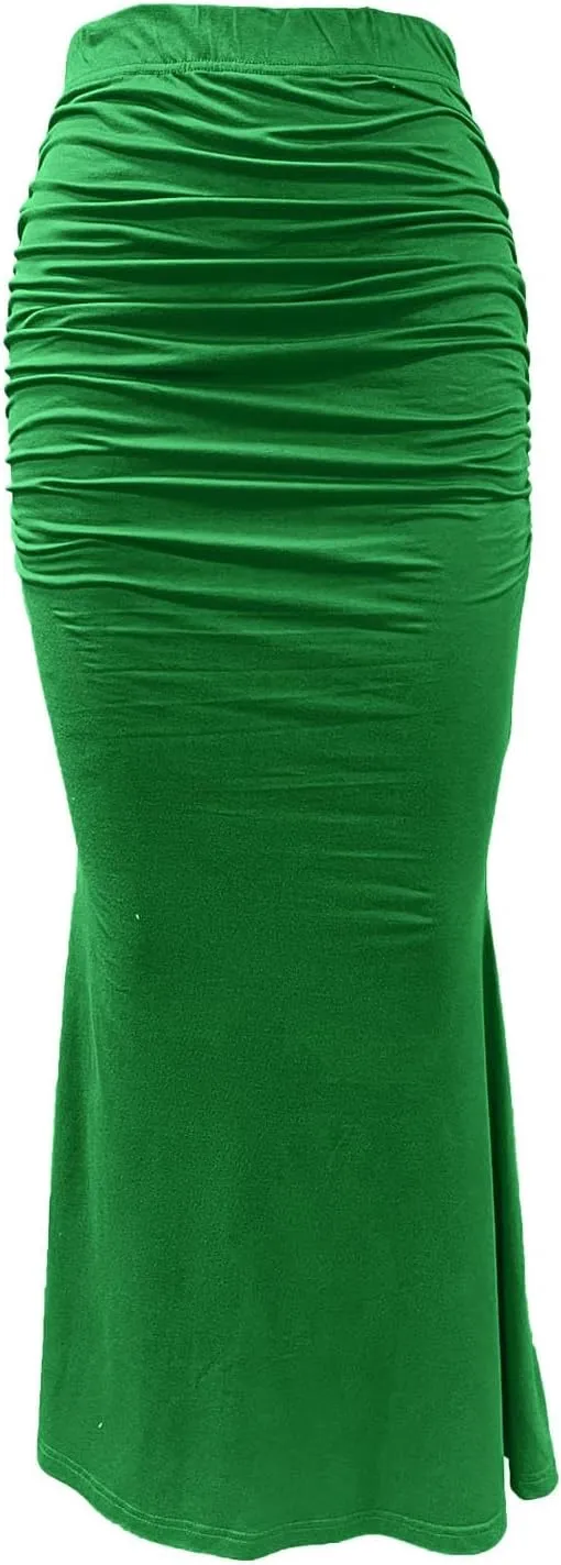 Women's Casual Ruched Fishtail Pencil Skirt High Waisted Stretchy Mermaid Maxi Skirt Wear to Evening Party Solid