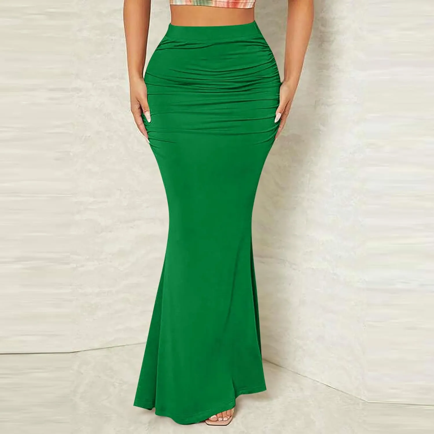 Women's Casual Ruched Fishtail Pencil Skirt High Waisted Stretchy Mermaid Maxi Skirt Wear to Evening Party Solid