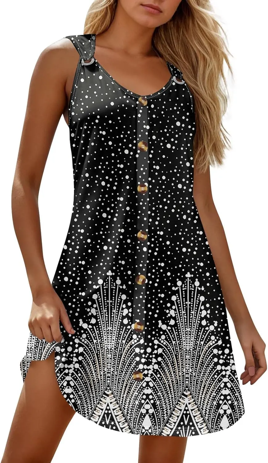 Womens Dresses Casual Plus Size Summer Clothes Tank Dress Mini Dress Button Down V Neck Sleeveless Sundress