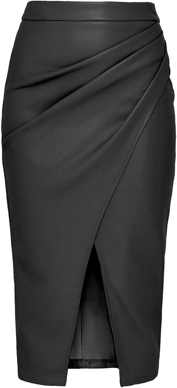 Womens Faux Leather Midi Skirt High Waisted Wrap Ruched Front Slit Zip Back Bodycon Stretchy Slim Fit Pencil Skirts