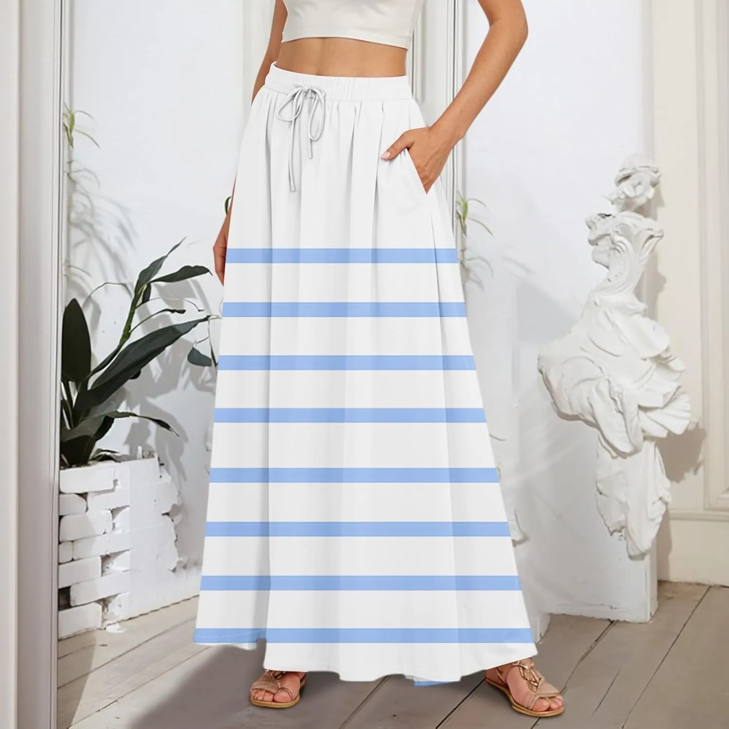 Women's Long Skirts Fall High Waisted Stretchy Vintage Floral Beach Swing Maxi Skirt, S-2XL