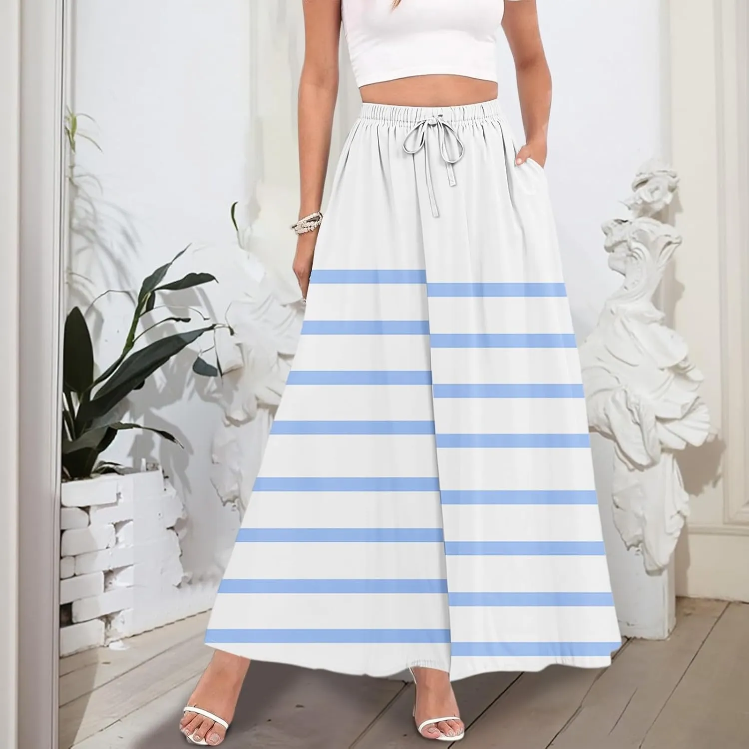 Women's Long Skirts Fall High Waisted Stretchy Vintage Floral Beach Swing Maxi Skirt, S-2XL