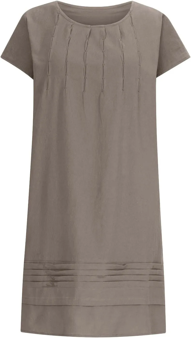 Womens Shirt Dress 2024 Cotton Linen Short Sleeve Crewneck Mini Dress Ruffle Slim Casual Summer Dress