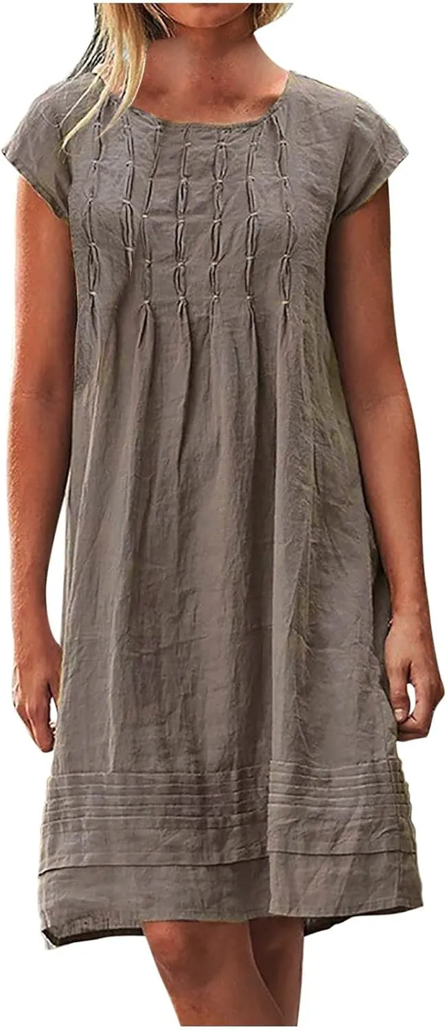 Womens Shirt Dress 2024 Cotton Linen Short Sleeve Crewneck Mini Dress Ruffle Slim Casual Summer Dress