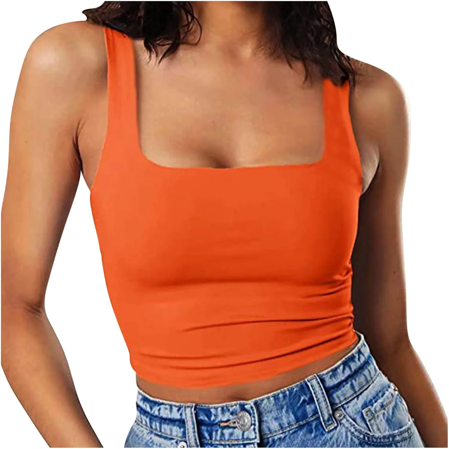 Women's Sleeveless Square Neck Sports Tank, Summer Elastic Slim Fit Athletic Workout Crop Cami Comfy Breathable Tops