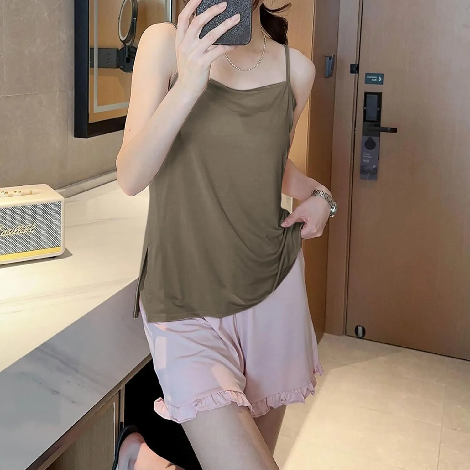 Women's Spaghetti Strap Camisole, Summer Casual Fashion Sleeveless Tank Shirts Comfy Breathable Side Split Tops
