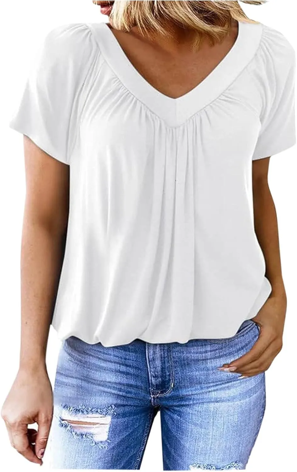 Women's Summer Short Sleeve Shirts, Fashion Pleated V-Neck Casual Tops Comfy Soft Breathable Clothes