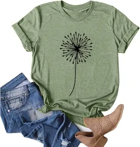 Womens T Shirts Cute Dandelion Graphic Tees Crewneck Short Sleeve Summer Tops Casual Loose Cotton Tshirts