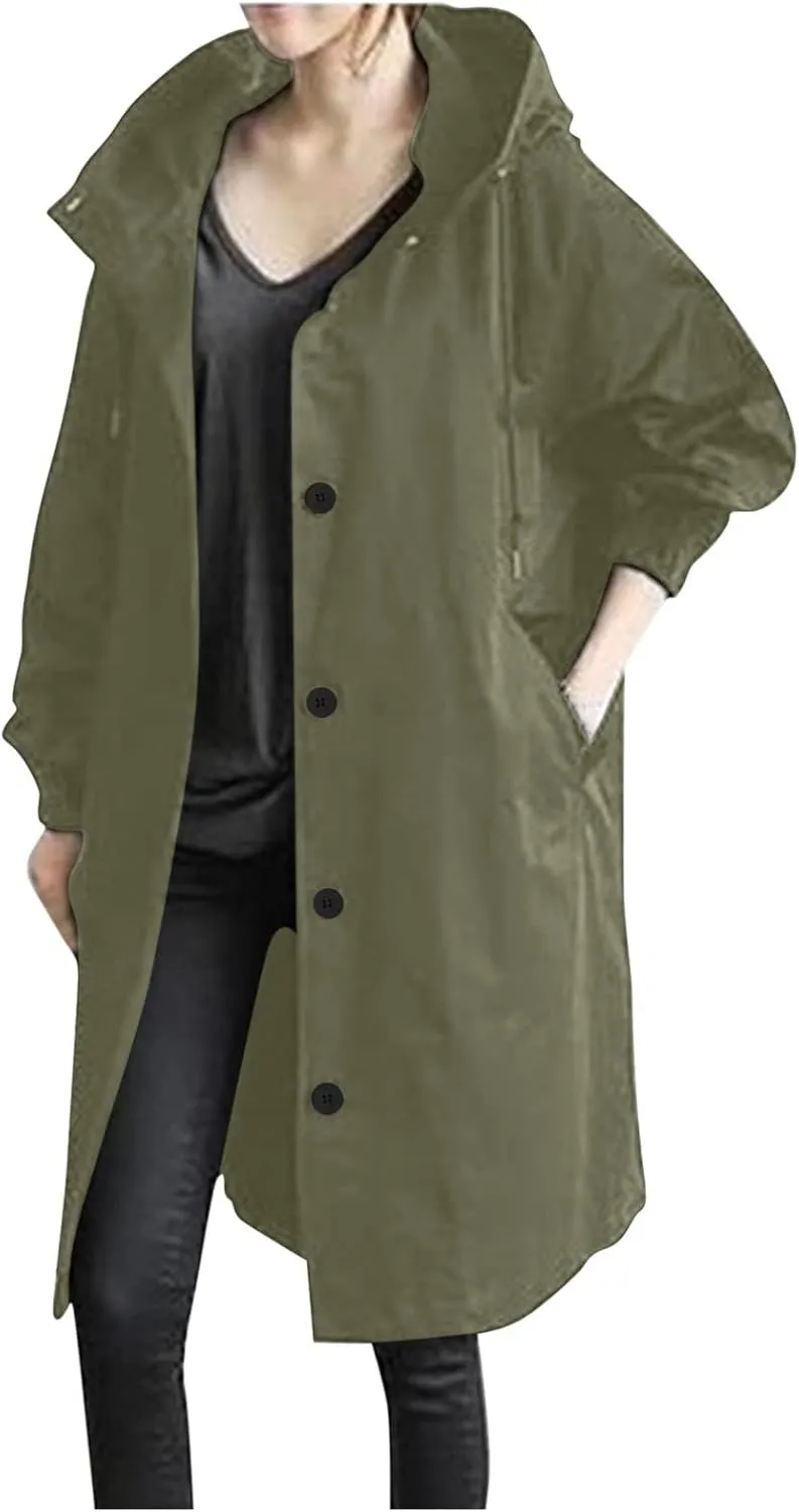 XUNRYAN Women's Windbreaker Waterproof Lightweight Rain Jacket Active Outdoor Hooded Raincoat Light Thin Maxi Long Coat